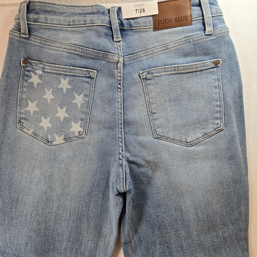 Judy Blue Boyfriend Fit Jeans Womens 7/28 Mid Rise Distressed Light Wash Flag... - Picture 2 of 16